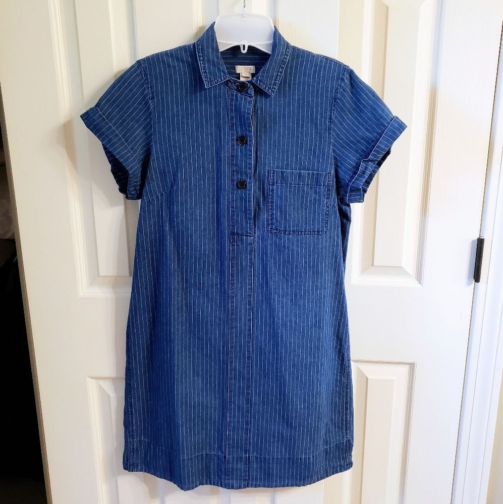 J. Crew Factory Blue Striped Short Sleeve Mini Dress With Collar AndChest Pocket